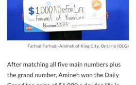 یک ایرانی بنام فرهاد فرهادی‌ امینه، برنده یک جایزه بزرگ لاتاری در کانادا شده. موقع دریافت جایزه به فرهاد دو گزینه ارائه شده: